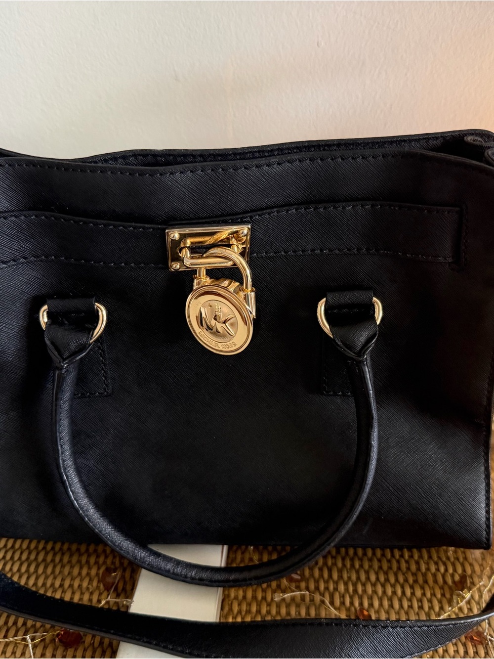 Michael Kors Black Satchel with Gold Logo Charm